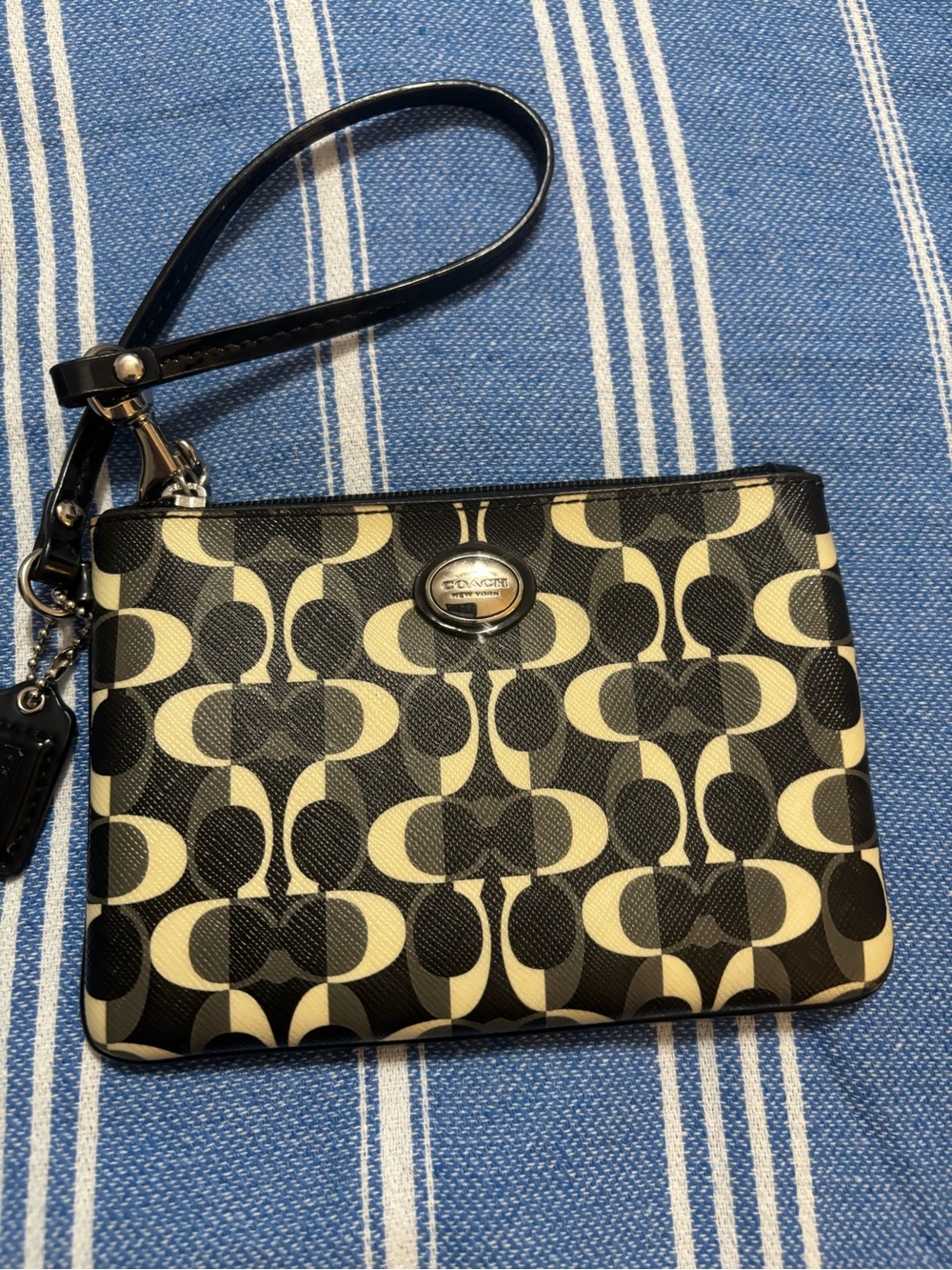 Coach Black & Cream Signature Pattern Wristlet with Logo Plaque
